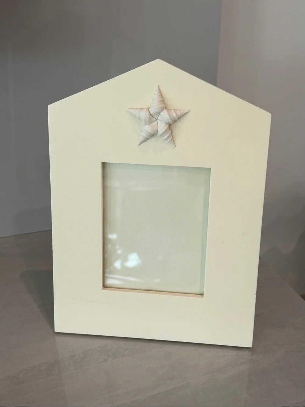 Nautical House-Shaped Picture Frame w/ Seashell Starfish Accent, Cream Coastal